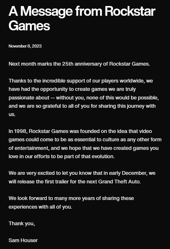 Grand Theft Auto 6 official statement by Rockstar Games.